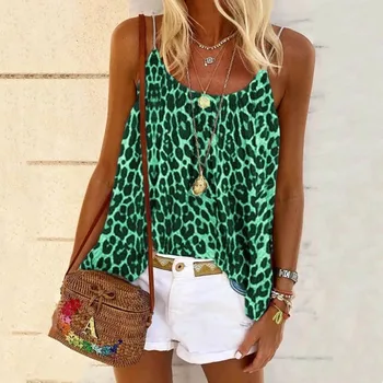 Mulheres de verão tops de moda / camis t-shirt Europeu, Americano funda impressão de leopardo casual senhoras mulheres colete de senhoras tops