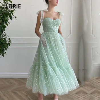 LORIE Glitter Vestidos de Baile Verde Menta Alças Reguláveis Brilhante de Amor de Tule Comprimento de Chá árabe Festa de Casamento, Formatura, Vestido de 2021