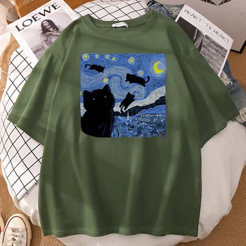 Estrelado Gato Noite Impressão Macho T-Shirts da Moda Solta Tshirt Simplicidade Vintage T-Shirt Legal Crewneck Homens Mangas Curtas