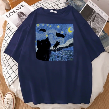 Estrelado Gato Noite Impressão Macho T-Shirts da Moda Solta Tshirt Simplicidade Vintage T-Shirt Legal Crewneck Homens Mangas Curtas