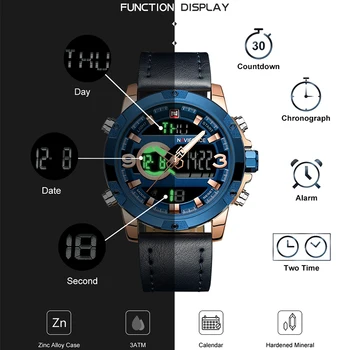 NAVIFORCE Moda Casual Homens Relógios de alto Luxo da Marca Dual Display Sport Impermeável Relógio Masculino com Pulseira de Couro de Quartzo relógio de Pulso