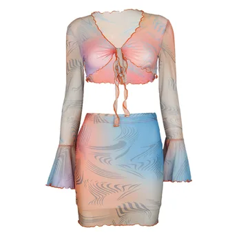 Anjos Segredo de Malha Tie Dye Impressão Sexy Bodycon Vestido das Mulheres V-Neck Lace Mini Vestidos de 2 peças de Conjunto Femme Primavera AG30424