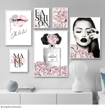 Nova moda de diamante pintura cor-de-rosa da flor de perfume de dama de prata lábios maquiagem escova de strass arte do mosaico pintura de parede menina moderna r