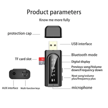 6 Em 1 DIODO emissor de luz do Carro da exposição de Bluetooth 5.0 Transmissor FM sem Fio Receptor de Áudio do Receptor de Bluetooth Transmissor USB Acessórios do Carro
