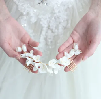 Pura Artesanal Acessórios De Cabelo De Noiva Branco De Cerâmica Flor De Casamento De Cristal Longa Do Cabelo Pente De Ouro E Cor De Prata