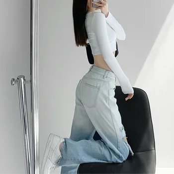 WOMENGAGA Elegante de Gradiente de Cintura Alta Buraco de Jeans, Calças Rua Personalidade as Mulheres de Idade Ripped Jeans Lavado Mulheres LQ2W