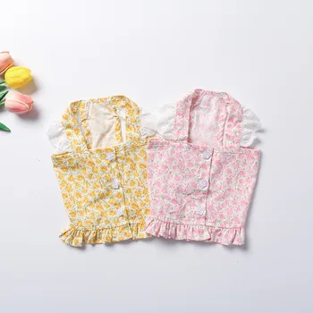 INS vento versão coreana da primavera e do verão cor-de-rosa e flores amarelas Bichon Teddy cão saia de rendas rendas cão de estimação, roupas