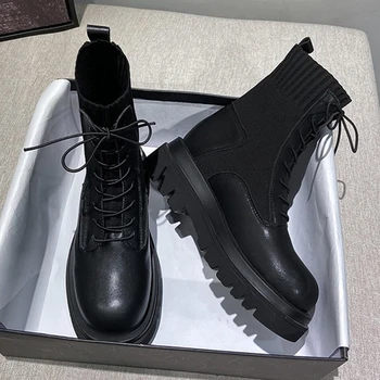 Preto Martin botas de mulheres do estilo Britânico de outono inverno 2021 novo Chelsea boots de espessura inferior com zíper frontal de manga curta botas
