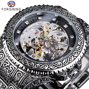 Forsining Retro Relógio masculino Automáticas de Aço Inoxidável do relógio de Pulso Mecânico Oco de Luxo do Diamante Relógios Mekaniska klockor