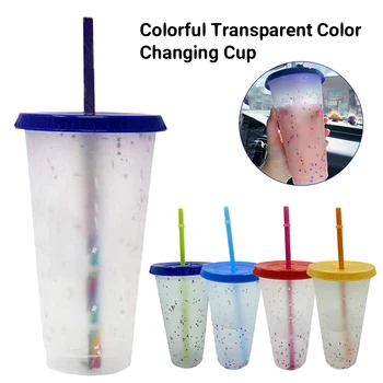 5Pcs Mudança de Cor de Confete Copo de Plástico Reutilizável Copo Com Tampa E Canudo Frio Copa de Palha Copa Cozinha Copos de Кружки