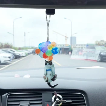 Criativo Gato Bonito Carro Pendurado Ornamentos Com Balão Colorido De Acrílico, Espelho Retrovisor Pingente Interior Do Carro Enfeite Decoração