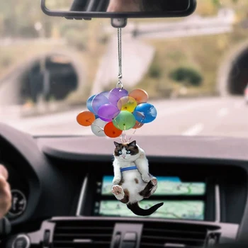 Criativo Gato Bonito Carro Pendurado Ornamentos Com Balão Colorido De Acrílico, Espelho Retrovisor Pingente Interior Do Carro Enfeite Decoração