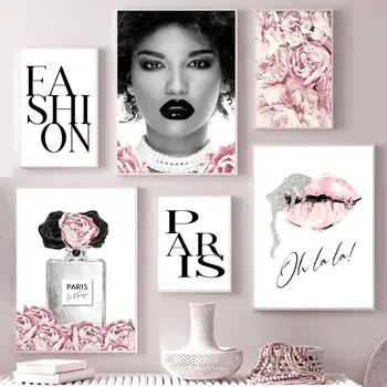 Paris Fashion Girl Black Lips Perfume De Rosas Arte De Parede De Lona Da Pintura Nórdica Pôsteres E Impressões De Parede A Imagem Para Decoração De Sala De Estar