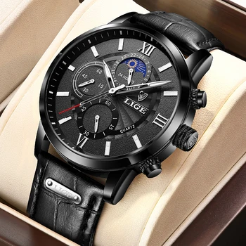 2021 LIGE Luxo Preto Relógios de Quartzo Homens Relógios de Couro 30M Impermeável Moda Relógio masculino Frete Grátis para Ver os Homens Relógio