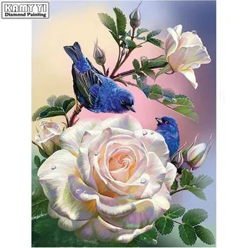 Diamante Bordado de Rosas brancas Pintar Com Diamante de Decoração de Casa de bluebirds Imagem De Strass Plena Praça da Broca Adesivos de Parede