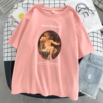 Pintura a óleo Anjo Vintage Impresso Mulheres T-Shirt de Verão Macio T-Shirt Simplicidade Solta Tshirt 2021 O Pescoço das Mulheres tops Casual