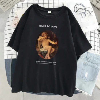 Pintura a óleo Anjo Vintage Impresso Mulheres T-Shirt de Verão Macio T-Shirt Simplicidade Solta Tshirt 2021 O Pescoço das Mulheres tops Casual