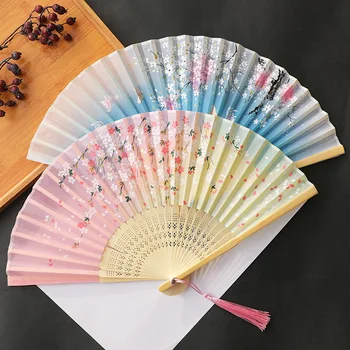 Fã de leques de estilo Chinês de estilo antigo mulheres borlas de verão portátil dobrável para crianças de dança clássica Hanfu pequeno ventilador