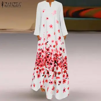 ZANZEA Boêmio Floral Impresso Longo Vestido de Verão das Mulheres Sundress Manto Femme Casual Decote em V Manga Longa de Férias Maxi Vestido Kaftan