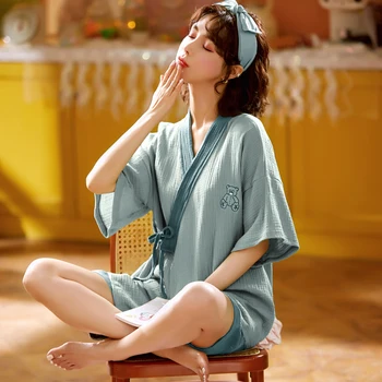 2021 Verão Candy Color Japonês-estilo Quimono de Gaze de Algodão das Mulheres Camisola de Duas peças em Casa Serviço de Yukata Lace-up de Pijama Conjunto