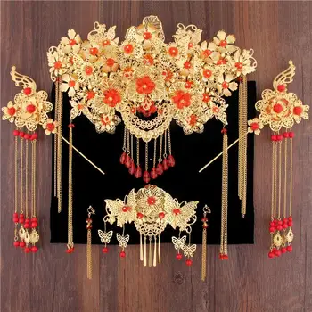 Vintage noiva, traje de tiara de noiva mostrar Wo vestuário nacional Chinês vento cabelo vermelho conjunto de acessórios de mostrar Wo jóias de casamento