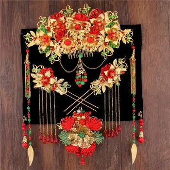 Vintage noiva, traje de tiara de noiva mostrar Wo vestuário nacional Chinês vento cabelo vermelho conjunto de acessórios de mostrar Wo jóias de casamento