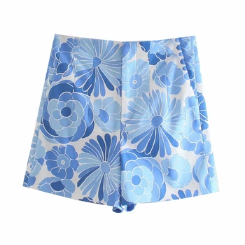 LVWOMN Za Mulheres Terno de Alta Shorts de Cintura Fêmea Blue Print Floral de Duas peças de Conjunto de Mulher 2021 Verão Ternos da Moda Botão de Blusas