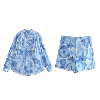 LVWOMN Za Mulheres Terno de Alta Shorts de Cintura Fêmea Blue Print Floral de Duas peças de Conjunto de Mulher 2021 Verão Ternos da Moda Botão de Blusas