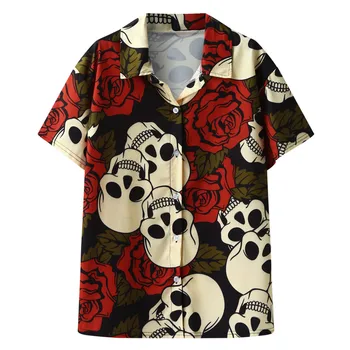 53# Crânio Impressão De Camisas Para Homens E Mulheres De Manga Curta, Decote Em V Casual Esqueleto De Impressão De Praia, Camisas, Tops Havaiano Blusa Camisa Homme
