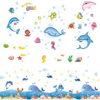 Dos Desenhos Animados, O Sea World, Adesivo De Parede, Contornando Bonito Peixe Crianças Decoração Do Quarto Do Bebê Adesivos De Banho Animal Oceano De Decoração De Casa De Banho