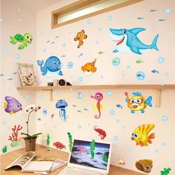 Dos Desenhos Animados, O Sea World, Adesivo De Parede, Contornando Bonito Peixe Crianças Decoração Do Quarto Do Bebê Adesivos De Banho Animal Oceano De Decoração De Casa De Banho