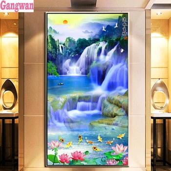 Tamanho grande DIY 5d Diamante Pintura Cachoeira paisagem Cheia Bordado de Diamante Mosaico China fengshui Corredor de entrada decoração