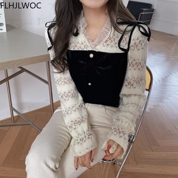 2021 Primavera Chique Bonito Coreia Tops, Blusas Mulheres Femme Manto De Retalhos Renda Vintage Laço Camisas Blusas