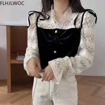 2021 Primavera Chique Bonito Coreia Tops, Blusas Mulheres Femme Manto De Retalhos Renda Vintage Laço Camisas Blusas