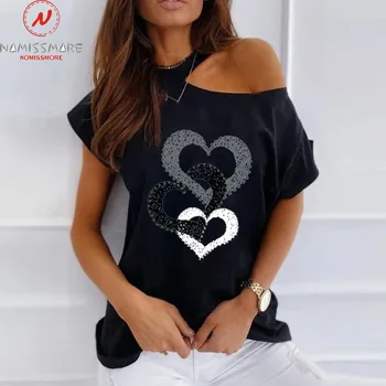 Moda das Mulheres de Verão Solto e Casual T-Shirts Ocos de Design O-Pescoço Curto Manga Coração de Impressão Pulôveres Tpo para Streetwear