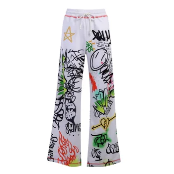 Graffiti De Impressão De Calça Branca Streetwear Cintura Alta Oversize Calças Casuais Mulheres Elástica Grande Led De Calças Frouxas