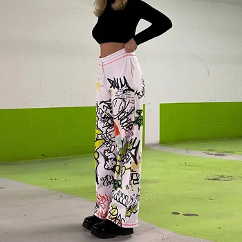Graffiti De Impressão De Calça Branca Streetwear Cintura Alta Oversize Calças Casuais Mulheres Elástica Grande Led De Calças Frouxas