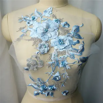 Céu Azul, Flores em 3D Esferas Apliques de Strass Bordado Vestido de Noiva Decoração de Tecido de Malha Costurar Na correção De vestuário de DIY