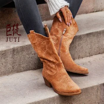 Televisão Plataforma, Botas De Cowboy Calçados Femininos Outono Inverno De Pele, Botas De Couro De Moda Do Dedo Do Pé Redondo E Salto Alto Botas Zapatos De Mujer Botas