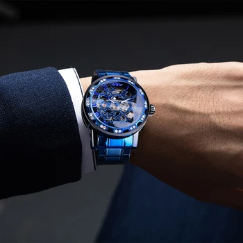 O Tipo Superior De Negócios De Luxo Luminosa Masculino Relógio Vencedor Transparente Diamante Relógios Mecânicos De Aço Inoxidável Azul Do Esqueleto Assistir