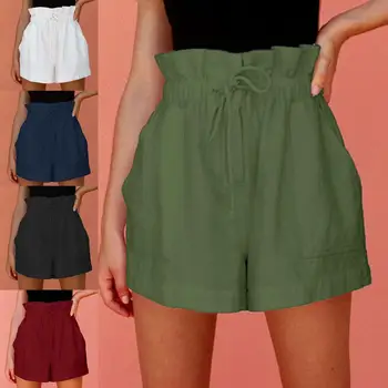 Mulheres Plus Size de Alta Shorts de Cintura das Mulheres Shorts de Cor Sólida Grande Perna de Verão Solto Cordão Bolsos de Calça Curta, Shorts Ocasionais