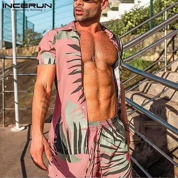 INCERUN Impressão Homens Havaiano Conjuntos de Verão Manga Curta com Botão de Camisa, Calções de Praia 2021 Streetwear Casual Terno de Mens 2 Peças S-5XL