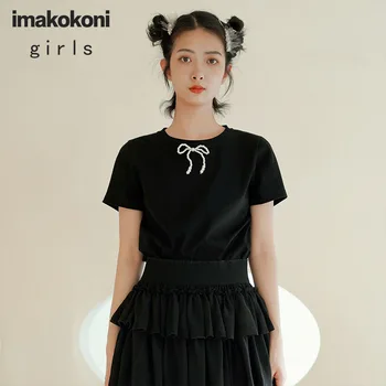 Imakokoni preto puro algodão bowknot manga curta selvagem magros do emagrecimento do pescoço top T-shirt feminina verão