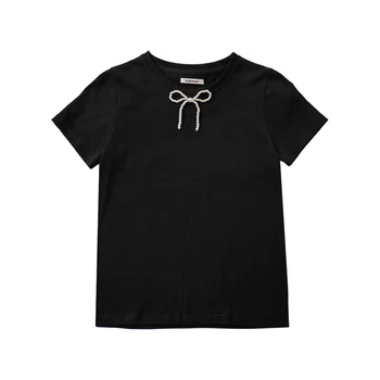 Imakokoni preto puro algodão bowknot manga curta selvagem magros do emagrecimento do pescoço top T-shirt feminina verão