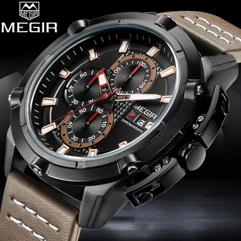 MEGIR Homens Relógio de Quartzo Mens Moda de Relógios do Esporte Homem Militares Impermeável de Couro Pulseira de Relógio Analógico Relógio Masculino