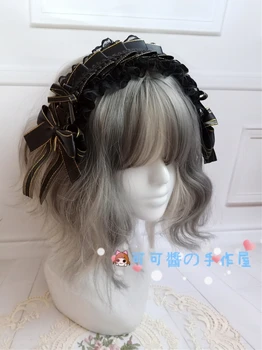 Lolita feitos à mão, acessórios de cabelo escuro gótico de ouro preto, cabeça KC faixa de cabelo edge clip lolita bow