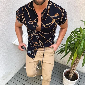 Nova Verão masculina de Manga Curta Camisa de Impressão 2021 Vendedor Quente Retro Casual Estilo Étnico Havaiano Sem Gola Grande Camisa Solta