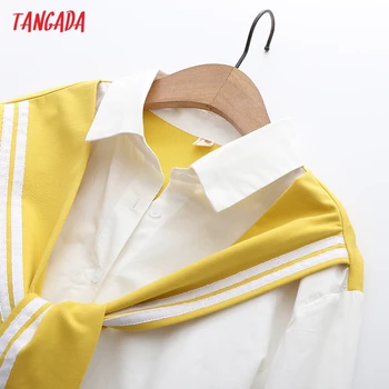 Tangada Mulheres do Vintage Arco Decorar Camisa Branca de Manga Longa Chic Feminino Casual Camisa Solta BAO53