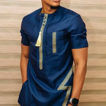 Homens africano Plus Size Verão T-shirt Manga Curta em torno do Pescoço de comprimento Médio Casual Daliy Azul Padrão de Impressão Bazin Riche Homem Superior Tee