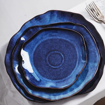 1PC RELMHSYU Estilo Europeu de Cerâmica Irregular retro Azul Série de pequeno-Almoço do Restaurante Prato Ocidental Bife do Prato